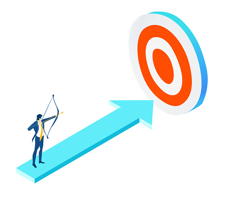 Isometric 3D business environment  Businessman aiming at target with bow and arrow, business concept illustration, working together, winning and achievers idea