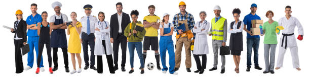 People representing diverse professions Full length portrait of group of people representing diverse professions of business, medicine, construction industry various occupations stock pictures, royalty-free photos & images