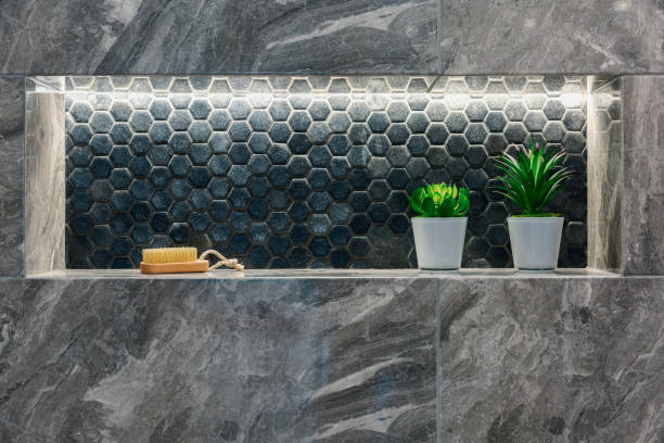 istock Bathroom or spa with a plant on a shelf 1302107121
