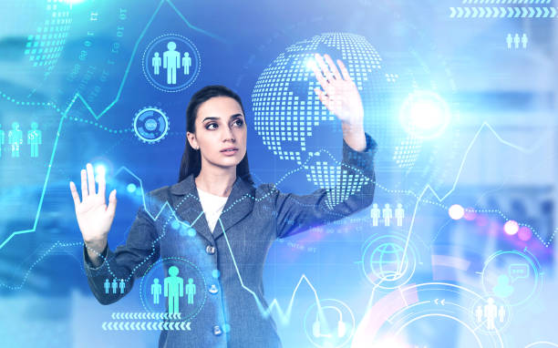 istock Woman working with business interface in office 1302108117