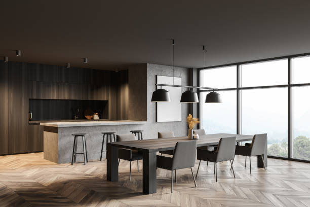 istock Concrete and dark wooden kitchen corner with poster and window 1302108311