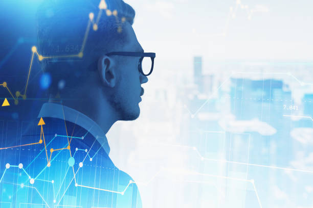 istock Man in glasses in city and graphs 1302108411