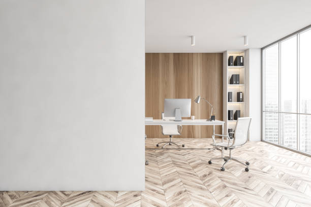 istock Modern wooden CEO office interior with mock up wall 1302109594