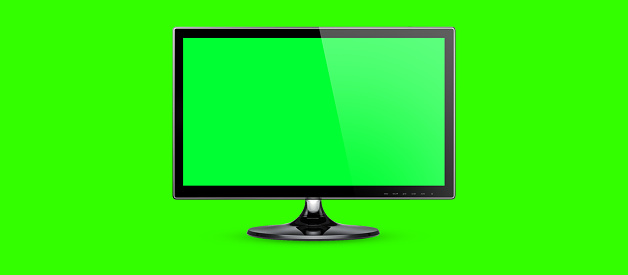 Desktop or pc blank screen template. Computer open  view, empty green screen on bright green color background, banner, copy space. 3d illustration.