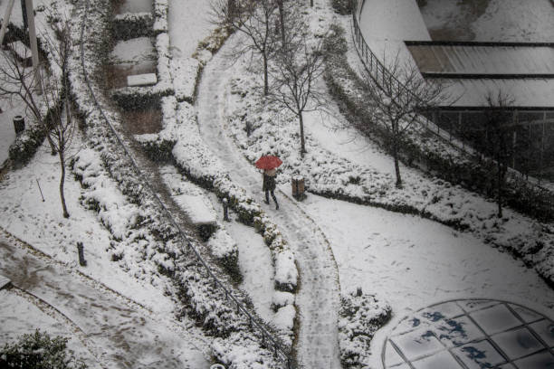 Young woman walking with red umbrella