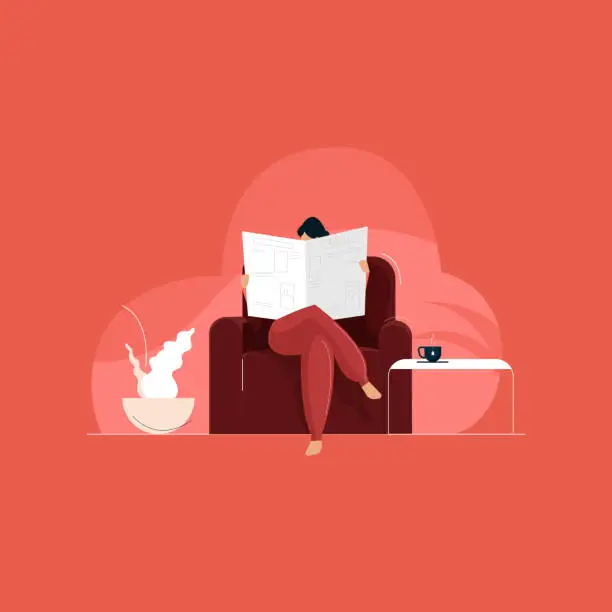 Vector illustration of woman reading newspaper sitting on sofa in room