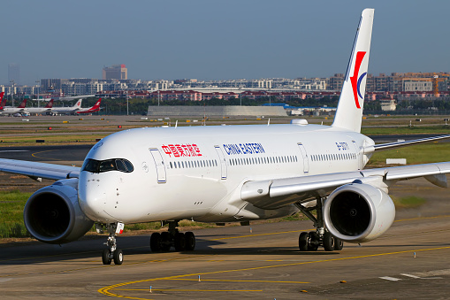 An Airbus A350 operated by China Eastern Airlines in Shanghai Hongqiao airport.