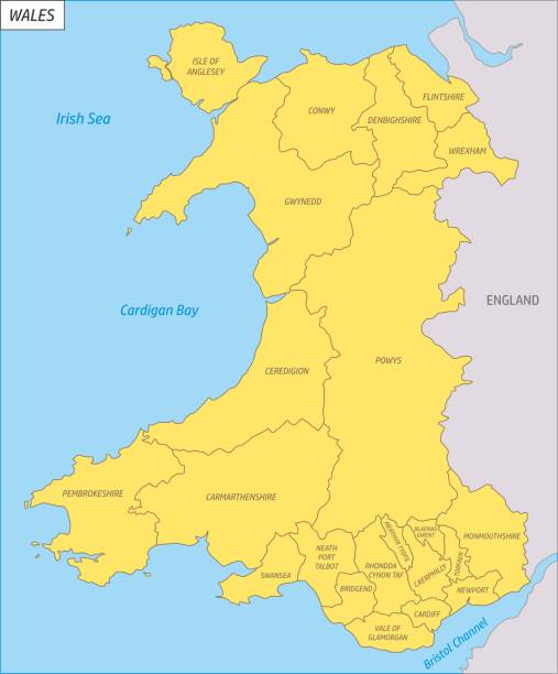 Wales regions map The Wales regions colorful map with labels wrexham stock illustrations