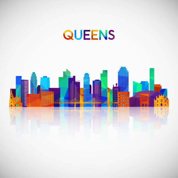 illustrations, cliparts, dessins animés et icônes de silhouette d’horizon de reines dans le modèle géométrique coloré. symbole pour votre conception. illustration vectorielle. - brooklyn sign new york city queens