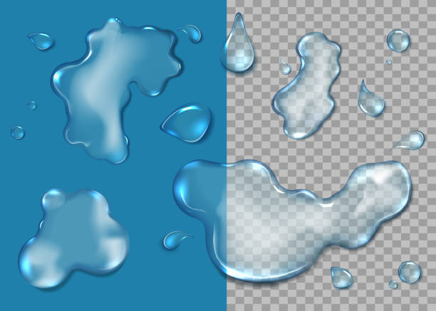 ilustrações de stock, clip art, desenhos animados e ícones de water puddle set, vector isolated top view illustration. realistic water splashes, droplets, liquid spills - puddle