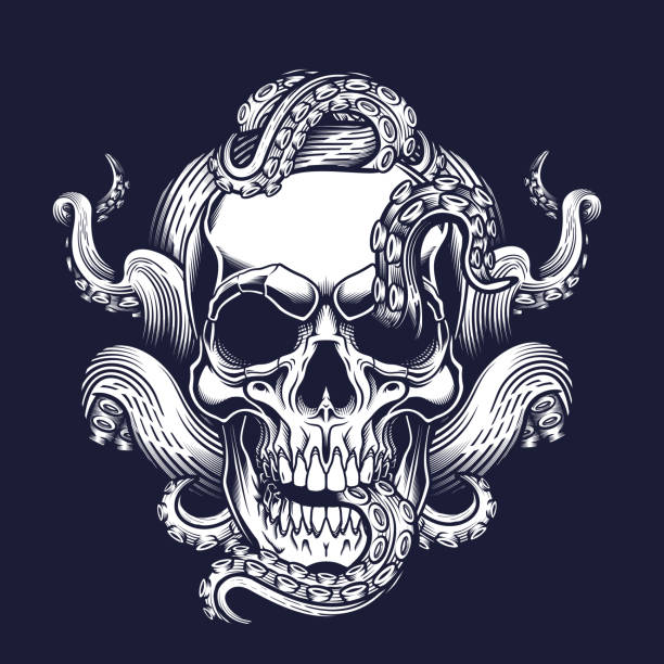 Skull with tentacles design. Vector illustration of human skull with octopus tentacles in engraving technique isolated on black. sea monster stock illustrations