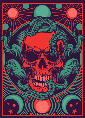 Vector illustration of human skull with octopus tentacles, celestial bodies design frames in engraving technique. Gothic, occult, mystery tarot card stylish background.