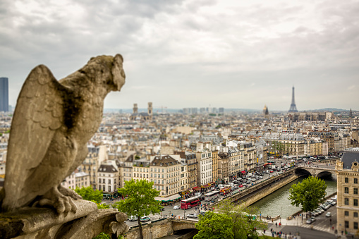 Gargoyle sitting on Notre Dame Cathedral and looking on Paris cityscape and the Eiffel Tower.\n\nTilt shif effect