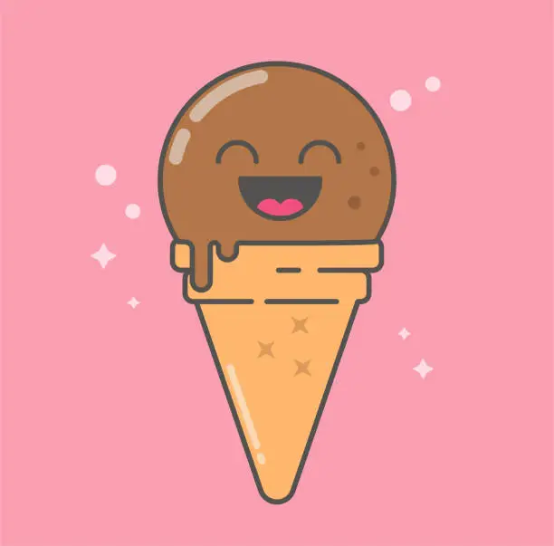 Vector illustration of kawaii icon with ice cream. Logo of healthy ice cream without sugar from natural products, the concept is healthy and tasty.  Vector stock flat illustration