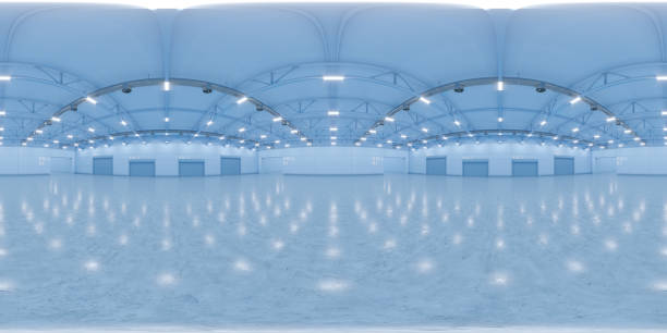 istock Full spherical panorama 360 degrees of empty exhibition space. backdrop for exhibitions and events. Tile floor. Marketing mock up. 3D render illustration 1302117461