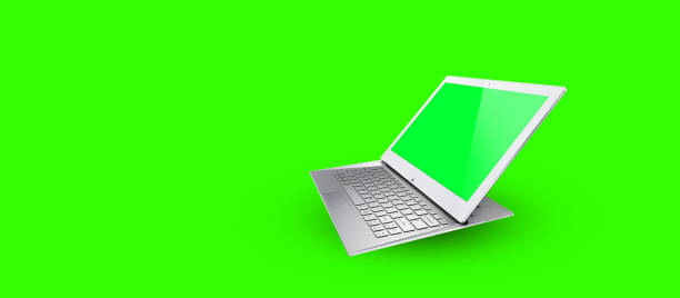 istock Laptop blank screen template. Computer open  view, empty green screen on bright green color background, banner, copy space. 3d illustration. 1302118239