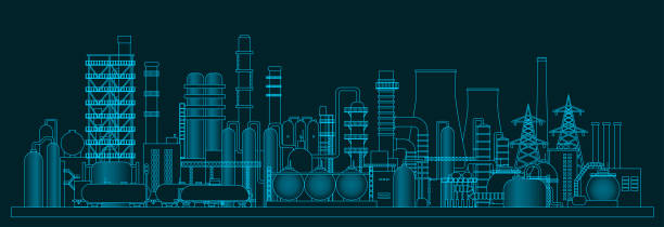 illustrazioni stock, clip art, cartoni animati e icone di tendenza di l'impianto industriale e la produzione di edifici - industria chimica