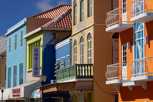 Colorful historic facades of the shops in the Breedestraat in Otrabanda, Willemstad.