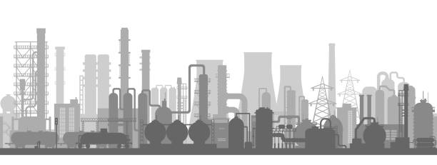 The industrial plant and manufacture building background The industrial plant and manufacture building background. Vector illustration of abstract industry landscape pipe silhouettes stock illustrations