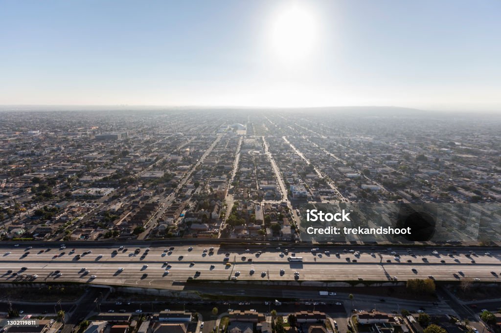 South Central Los Angeles Harbor 110 Freeway Aerial Afternoon aerial of South Central Los Angeles and the Harbor 110 freeway. South Central Los Angeles Stock Photo