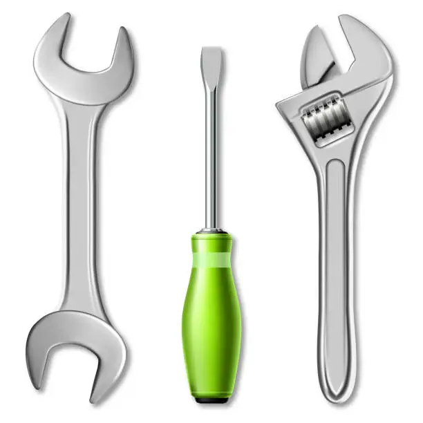 Vector illustration of Realistic set of tools of master mechanic or plumber. 3d vector illustration of a wrench, adjustable wrench and screwdriver