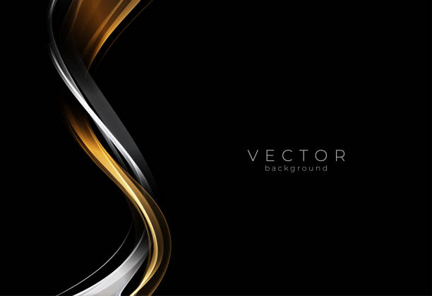 Abstract shiny gold and silver wave design element Abstract shiny gold and silver color wave design element on dark background. Golden glowing shiny spiral lines effect vector background. Fashion flow lines for cosmetic gift voucher, website and advertising. gold metal drawings stock illustrations