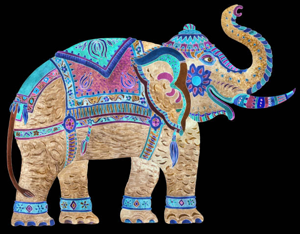 aquarell gemalt fantasie verzierten indischen elefanten isoliert auf schwarzem hintergrund. bunte dünne linie, ethnische ornamente auf hellen geschirr. t-shirt-druck. batik-farbe - backgrounds elephant illustration and painting india stock-grafiken, -clipart, -cartoons und -symbole