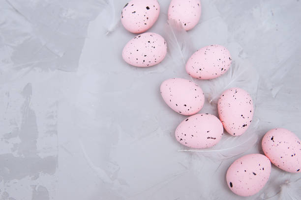 istock Easter background, pink quail eggs on gray background, flat lay, empty space for text. Happy Easter holiday 1302124968