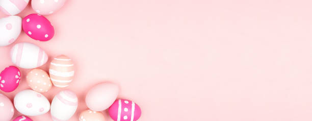 istock Pink and white Easter Egg corner border over a pink banner background 1302125906