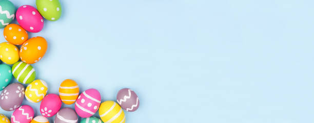 istock Colorful Easter Egg corner border over a pastel blue banner background 1302127649