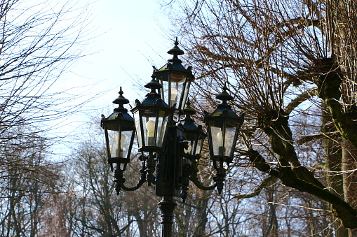 February 17, 2019, Gladbeck: Historic lantern on the terrace of Haus Wittringen in Gladbeck