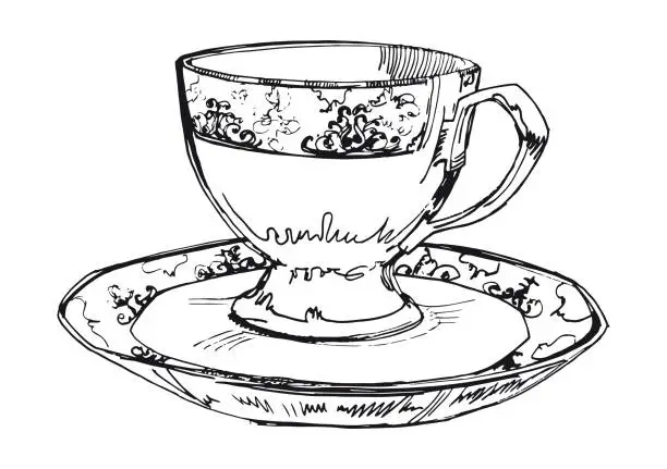 Vector illustration of Porcelain mug. Ink drawing. Vector