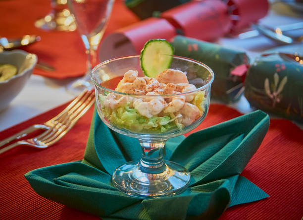 Christmas food prawn cocktail on a red tablecloth