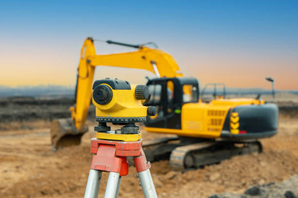 istock Surveyor equipment tacheometer or theodolite outdoors at construction site 1302132930