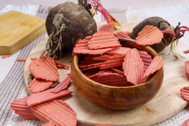 beet chips with the addition of chickpea flour. healthy snacks, selective focus