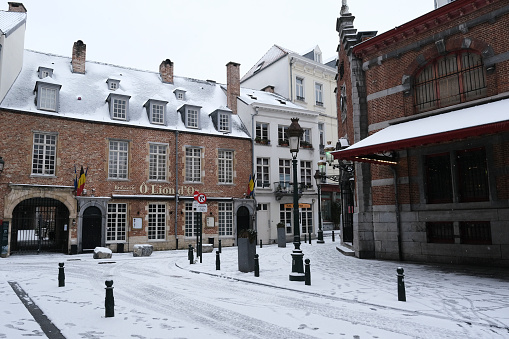 Empty streets in center of Brussels during a snowfall in Belgium on February 8th, 2021.