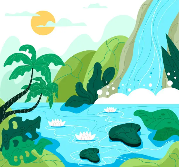 Vector illustration of Jungle waterfall landscape summer mountain concept. Vector flat graphic design illustration