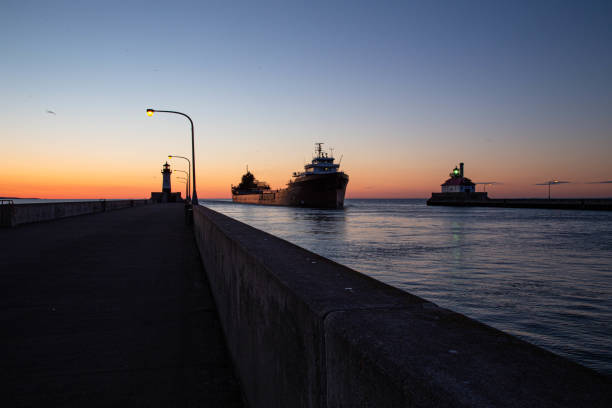 Duluth Harbor during sunrise stock photo