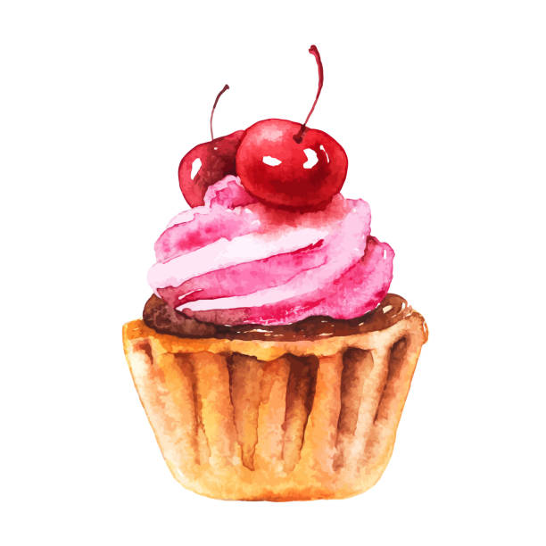 바다 갈매나무 열매를 곁들인 수채화 벡터 나뭇가지 - cupcake sugar isolated on white white background stock illustrations