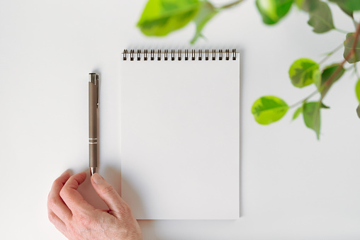 Top view mockup of an open blank notebook on spiral, leaves of houseplant and an automatic pen adjusted by female hand. Selective focus, soft focus. Copy space. White background.
