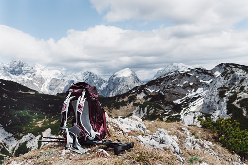 Breathtaking mountain panorama, days in the great outdoors, breathing fresh air, not a soul in sight. A view from the top, landscape photography, no people. Hiking equipment.