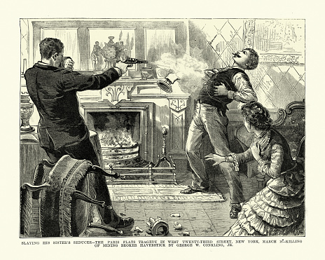 Vintage illustration of Murder in New York 19th Century, Man shooting his sister's seducer. Slaying his sister's seducer, The Paris Flats tragedy in West Twenty third street, New York, March 18th 1883. Killing of mining broker William H Haverstick by George W. Conkling, Jr.