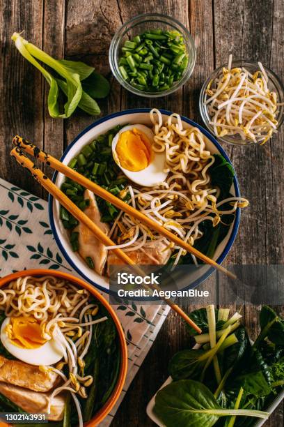 Ramen Soup On Rustic Wooden Table Stock Photo - Download Image Now - Ramen Noodles, Japanese Food, Noodles