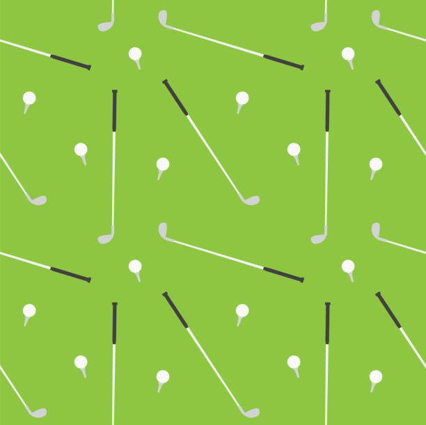 Vector seamless pattern of flat cartoon golf ball and stick Vector seamless pattern of flat cartoon golf ball and stick isolated on green background golf designs stock illustrations