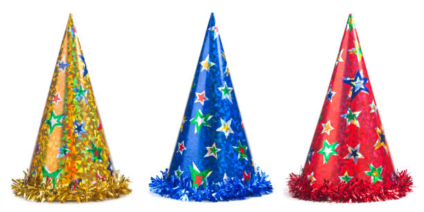 istock Set of shiny party hats on white background 1302147707
