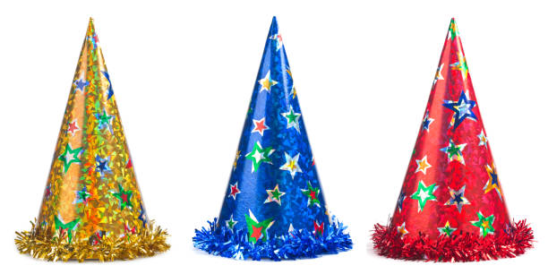 Set of shiny party hats on white background Three colorful party hats collage on a white background party hat stock pictures, royalty-free photos & images