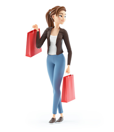 3d cartoon woman with shopping bags, illustration isolated on white background