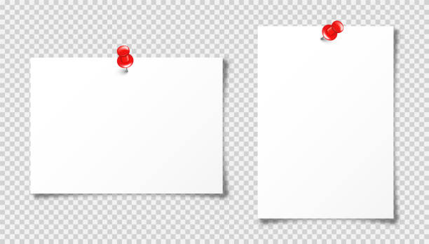 透明な背景に赤いプッシュピンを持つa4形式の現実的な白紙シート。ノートブックページ、ドキュメント。デザイン テンプレートまたはモックアップ。ベクトルの図 - メモ点のイラスト素材／クリップアート素材／マンガ素材／アイコン素材