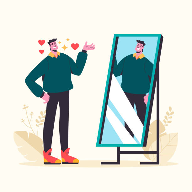 Narcissistic man looking at mirror and fall in love himself. Vector graphic design abstract illustration Narcissistic man looking at mirror and fall in love himself. Vector graphic design abstract one man only stock illustrations