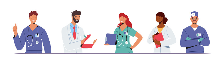 Doctor Characters in Medical Robe in Row. Hospital Healthcare Staff with Stethoscope, Medic Box Notebook, Physician in Uniform, Nurse in Clinic. Medicine Profession. Cartoon People Vector Illustration
